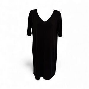 Eileen Fisher Black Stretchy Jersey Dress with V-Neck, Size Small